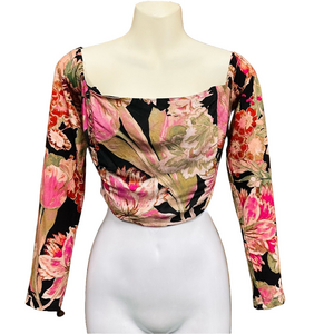 Anthropologie black pink bright floral off shoulder long sleeve shirred back top